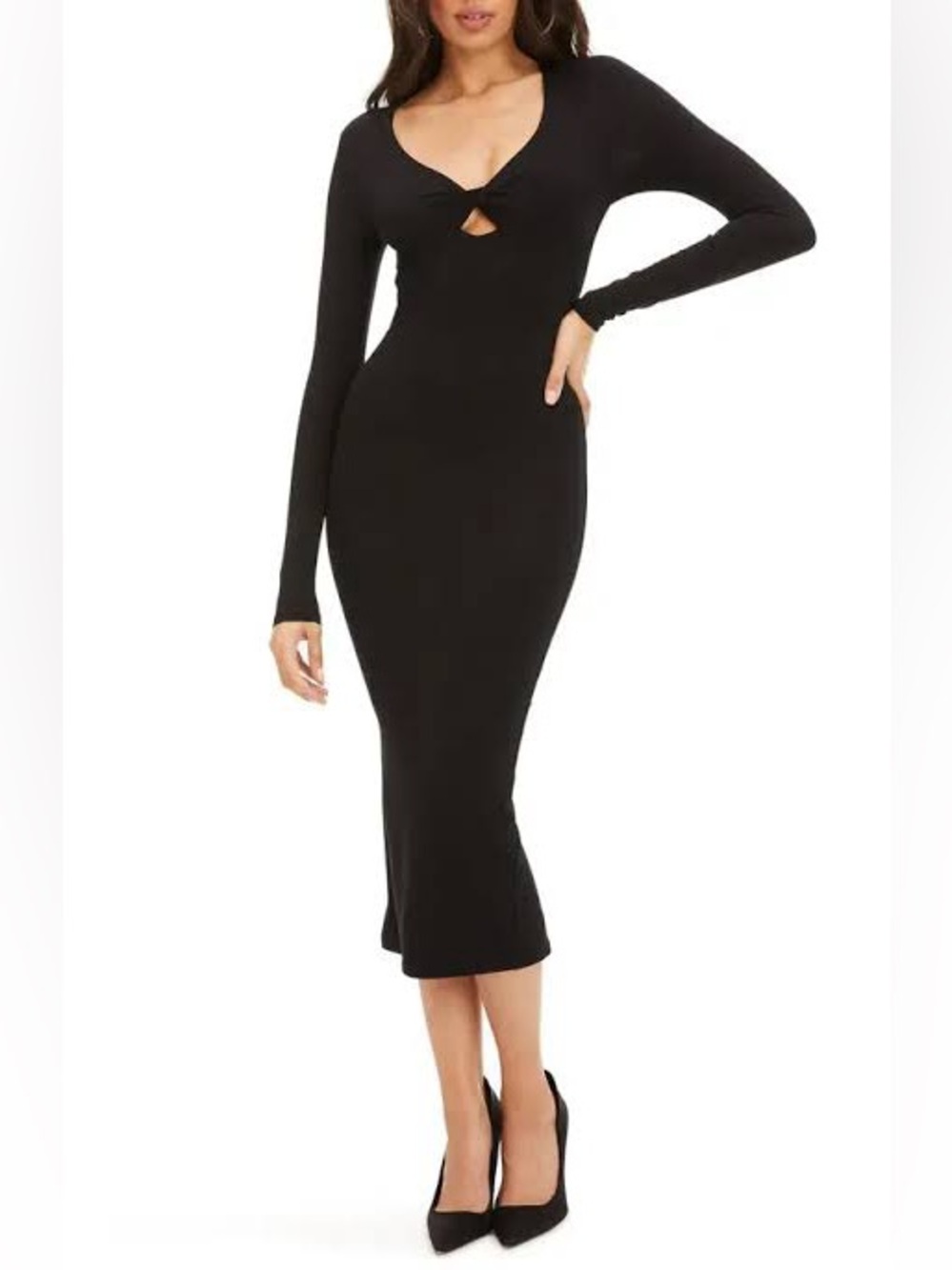 Good American Twist Peekaboo Long Sleeve Midi Dress in Black